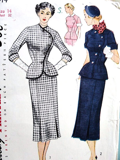1950s STRIKING Suit Dress Pattern SIMPLICITY 8414 Unique Curved Closing Fitted Jacket Two Versions Bust 38 Vintage Sewing Pattern