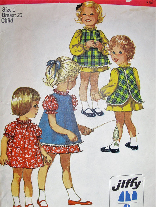SWEET Toddlers Jiffy Dress and Pinafore Pattern SIMPLICITY 8419 Adorable Style Little Girls Size1 Vintage Childrens Sewing Pattern