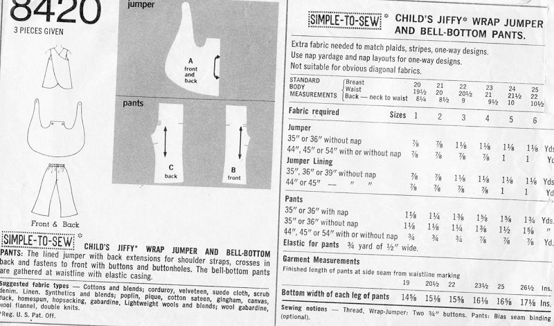 1960s Little Girls Cute Jiffy Wrap Jumper and Bell-Bottom Pants Pattern Simplicity 8420 Criss Cross Back Jumper Adorable Toddler Vintage Sewing Pattern FACTORY FOLDED