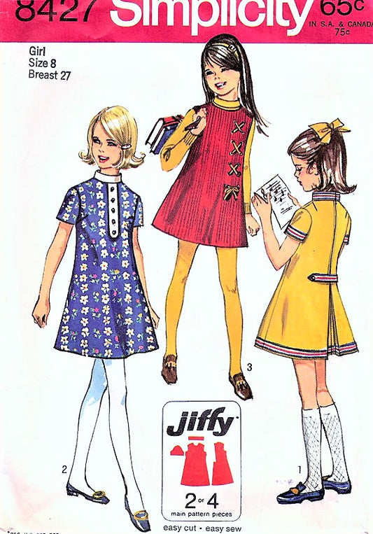 ADORABLE Girls 1960s Dress or Jumper Pattern SIMPLICITY 8427 Three styles Size 10 Vintage Sewing Pattern UNCUT