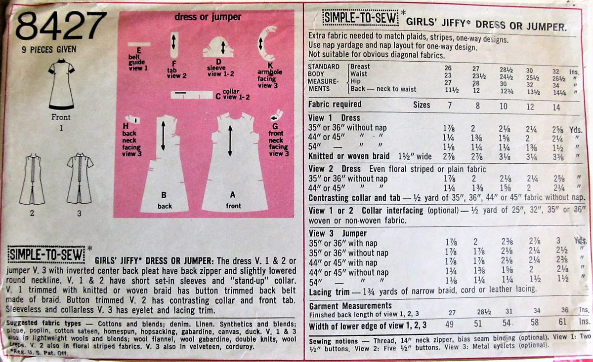 ADORABLE Girls 1960s Dress or Jumper Pattern SIMPLICITY 8427 Three sty ...