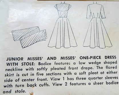 1950s GLAM Evening Party Dinner Dress Pattern SIMPLICITY 8437 Stunning Draped Bodice and Stole Bust 32 Vintage Sewing Pattern