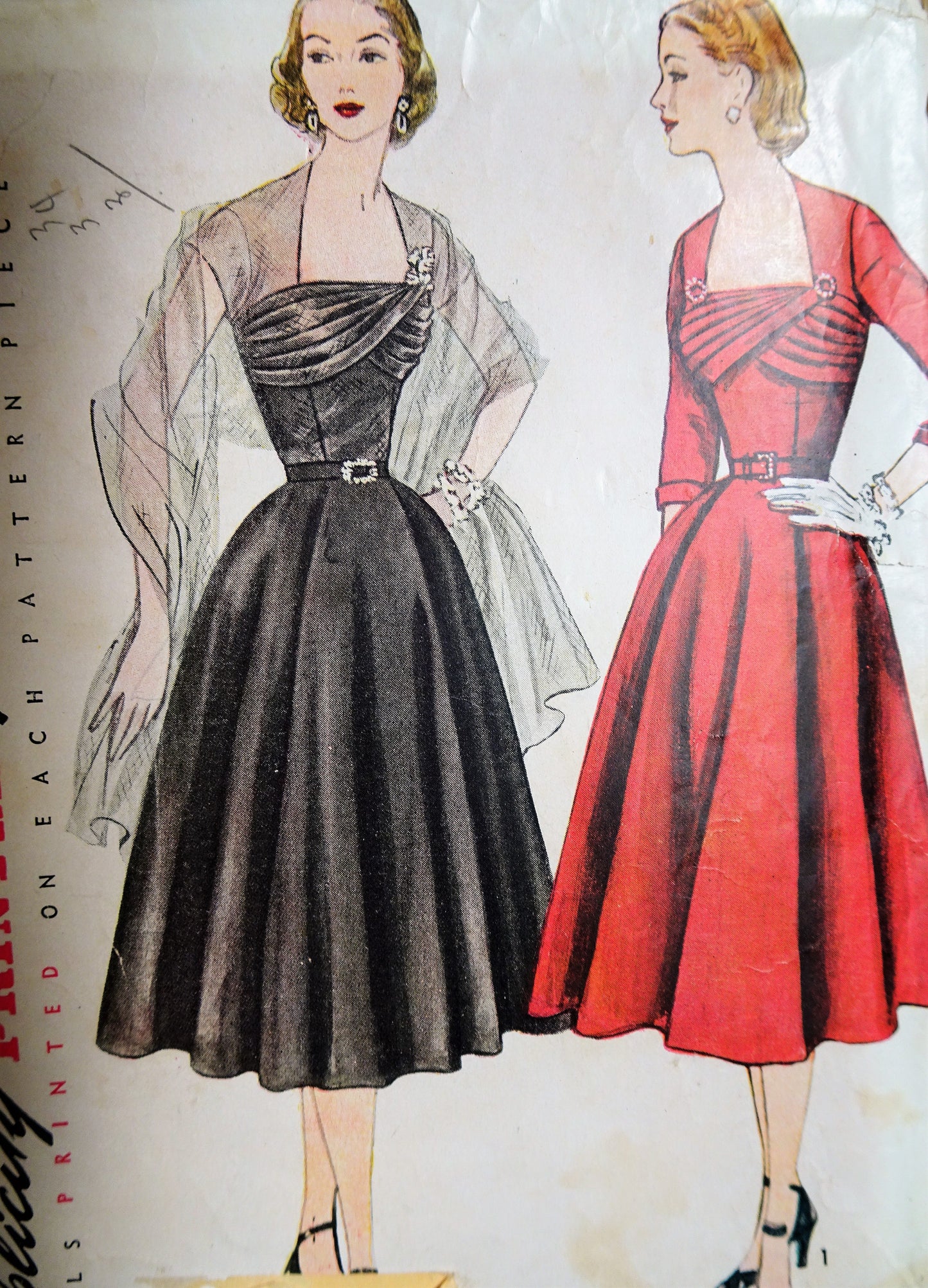 1950s GLAM Evening Party Dinner Dress Pattern SIMPLICITY 8437 Stunning Draped Bodice and Stole Bust 32 Vintage Sewing Pattern