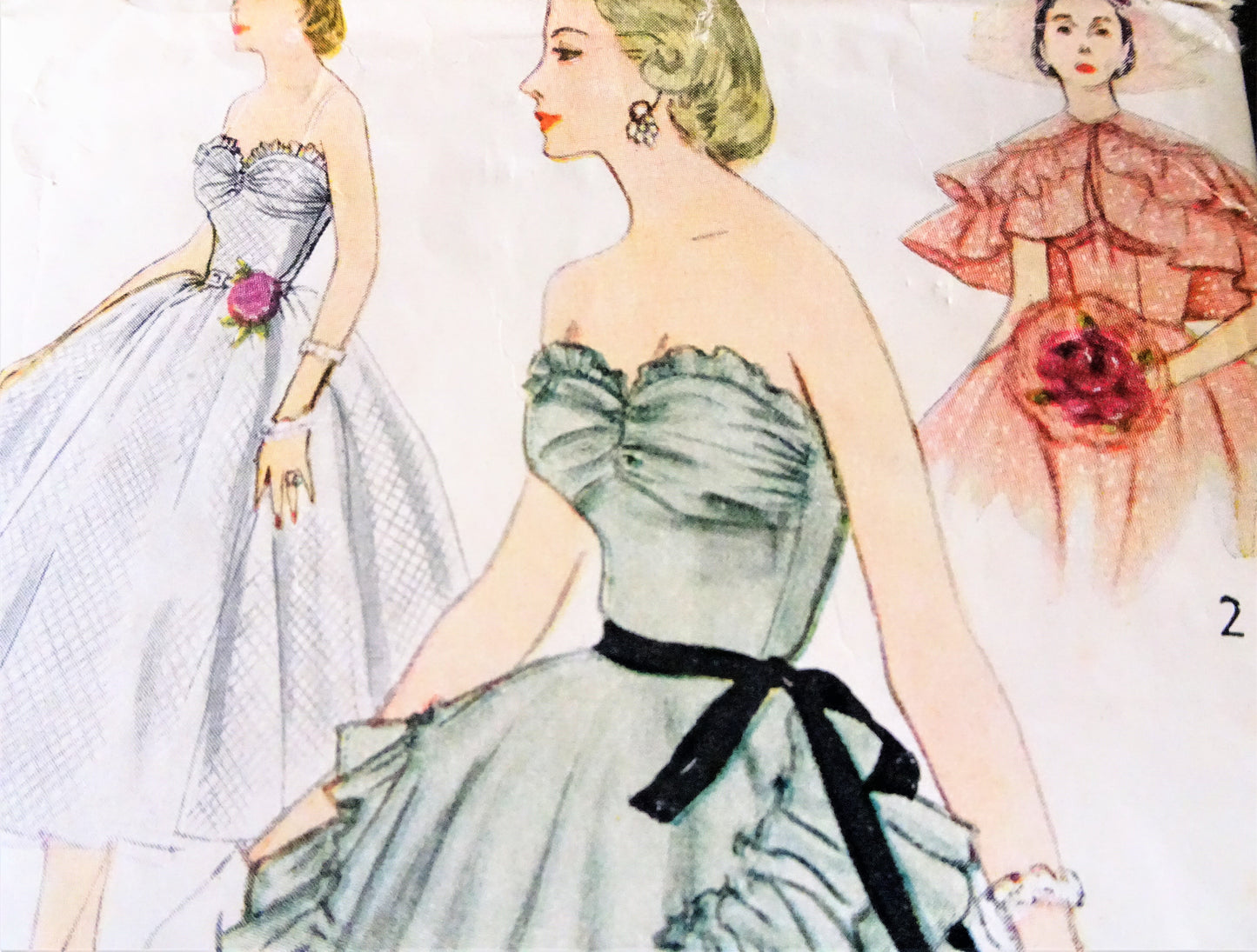 1950s DREAMY Evening Gown and Cape Pattern SIMPLICITY 8446 Strapless Full Skirted Dress in 2 Lengths, Ruffled Cape or Apron, Bust 34 Vintage Sewing Pattern