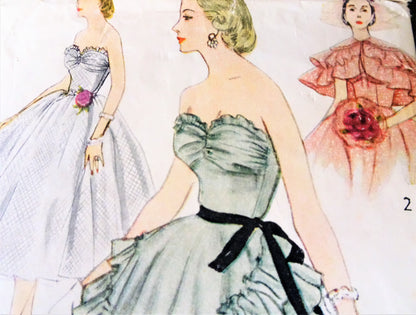 1950s DREAMY Evening Gown and Cape Pattern SIMPLICITY 8446 Strapless Full Skirted Dress in 2 Lengths, Ruffled Cape or Apron, Bust 34 Vintage Sewing Pattern