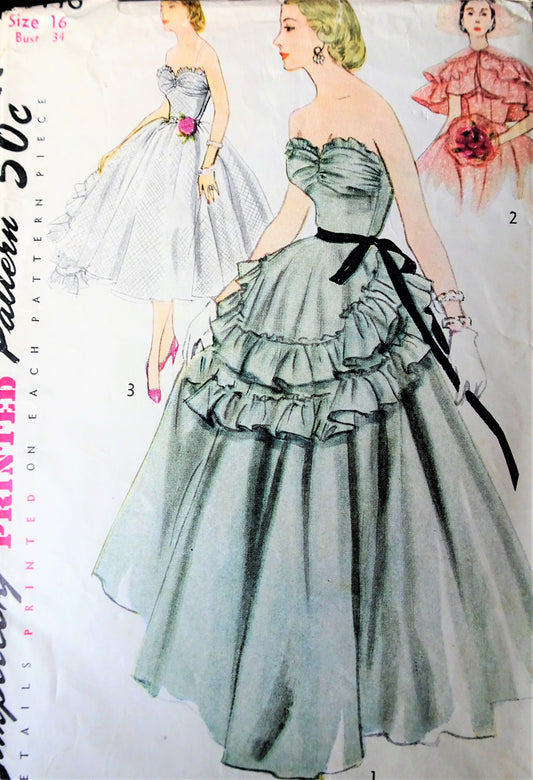 1950s DREAMY Evening Gown and Cape Pattern SIMPLICITY 8446 Strapless Full Skirted Dress in 2 Lengths, Ruffled Cape or Apron, Bust 34 Vintage Sewing Pattern