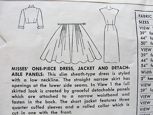 1950s CLASSY Evening Cocktail Party Dress and  Jacket Pattern SIMPLICITY 8467 Sheath Dress with Detachable PanelsShaped Front Short Jacket Bust 32 Vintage Sewing Pattern
