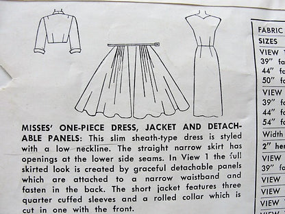 1950s CLASSY Evening Cocktail Party Dress and  Jacket Pattern SIMPLICITY 8467 Sheath Dress with Detachable PanelsShaped Front Short Jacket Bust 32 Vintage Sewing Pattern