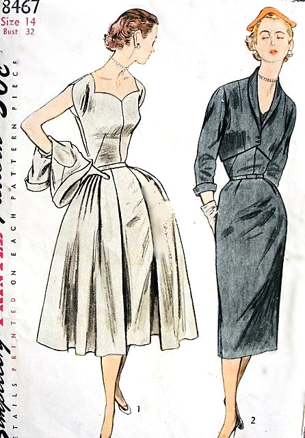 1950s CLASSY Evening Cocktail Party Dress and  Jacket Pattern SIMPLICITY 8467 Sheath Dress with Detachable PanelsShaped Front Short Jacket Bust 32 Vintage Sewing Pattern