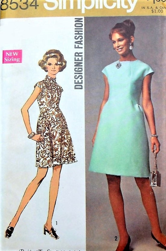 1960s MOD Day or Party Evening Dress Pattern SIMPLICITY DESIGNER Fashion 8534 Bust 36 Two Style Versions Vintage Sewing Pattern