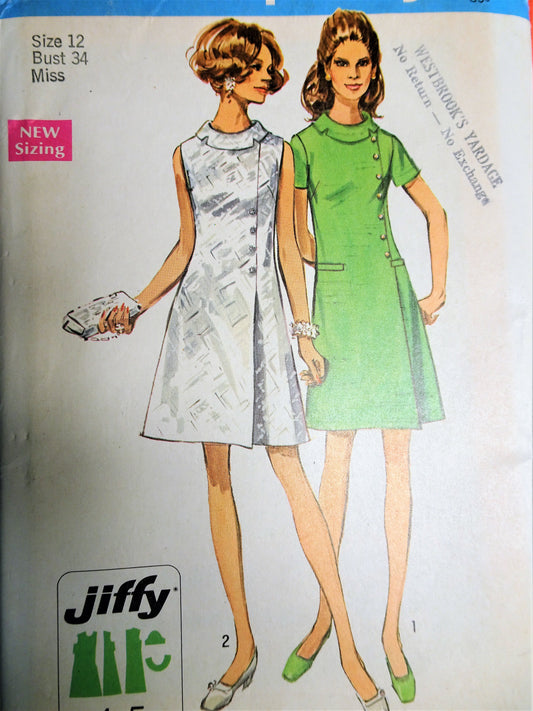 1960s MOD Dress Pattern SIMPLICITY 8541 Day or Party Dress Bust 34 Vintage Sewing Pattern FACTORY FOLDED