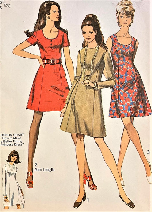 1960s MOD Princess Dress Pattern SIMPLICITY 8884 Regular or Mini Version Bust 34 Vintage Sewing Pattern FACTORY FOLDED