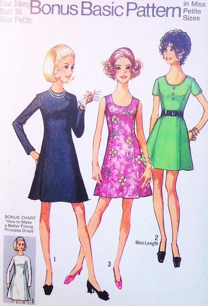CUTE 70s A Line Flared Princess Seam Dress Pattern SIMPLICITY 8887  Three Style Versions Easy To Sew Bust 38 Vintage Sewing Pattern UNCUT