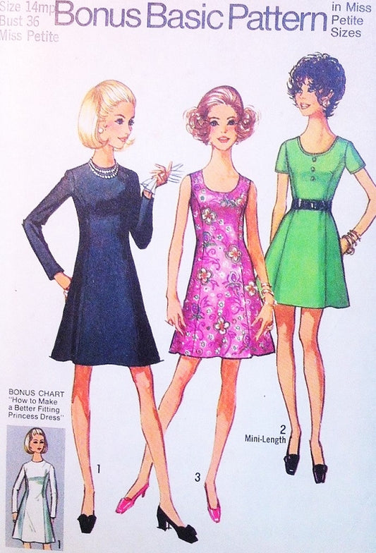 CUTE 70s A Line Flared Princess Seam Dress Pattern SIMPLICITY 8887  Three Style Versions Easy To Sew Bust 38 Vintage Sewing Pattern UNCUT