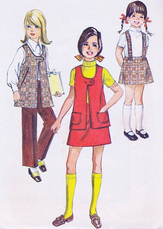 1970s RETRO Girls Suspender Skirt, Pants and Vest Pattern SIMPLICITY 8942 Cute Styles Size 10 Vintage Sewing Pattern UNCUT