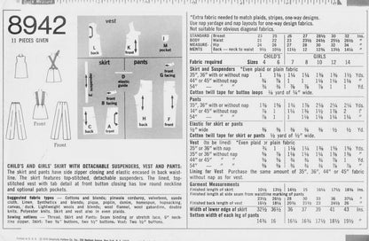 1970s RETRO Girls Suspender Skirt, Pants and Vest Pattern SIMPLICITY 8942 Cute Styles Size 10 Vintage Sewing Pattern UNCUT