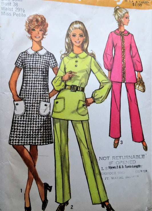 1970s FAB Dress, tunic and Pants Pattern SIMPLICITY 9082 Day or Evening Bust 38 Vintage Sewing Pattern