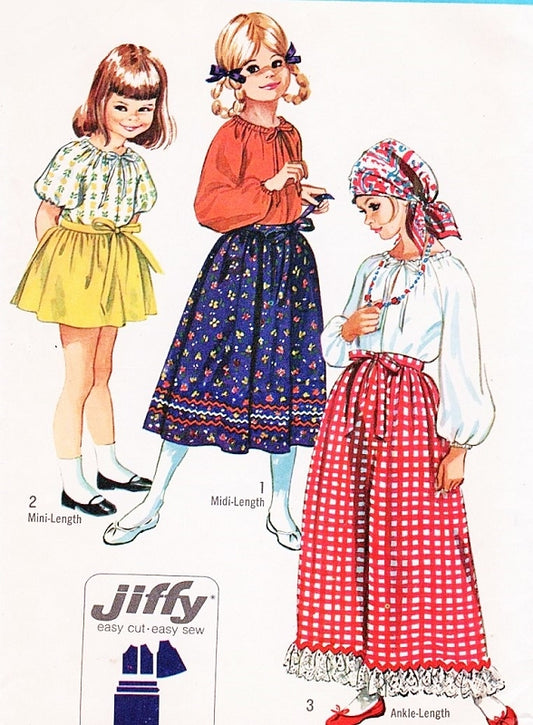 1970s CUTE Girls Peasant Blouse and Wrap Around Skirt Mini,Midi and Maxi Pattern SIMPLICITY 9091 Size 10 Vintage Sewing Pattern UNCUT