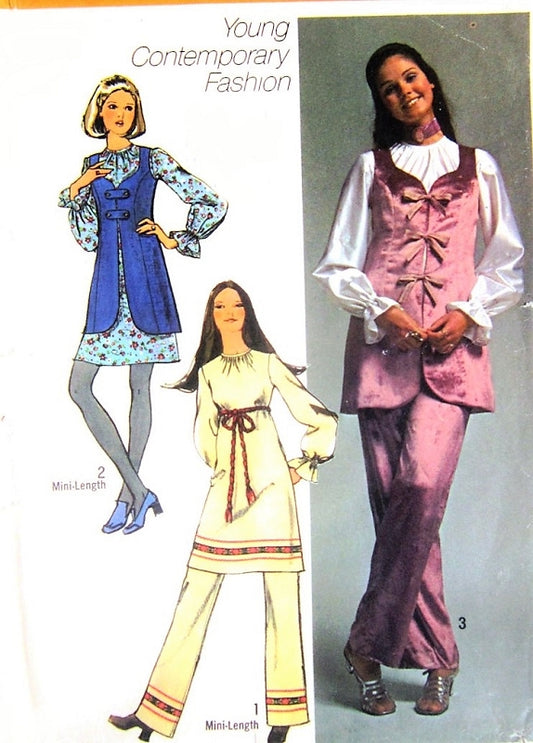 RETRO 70s Mini Dress Tunic Pattern SIMPLICITY 9117 Blouse Vest Pants  Bust 33 Vintage Sewing Pattern UNCUT