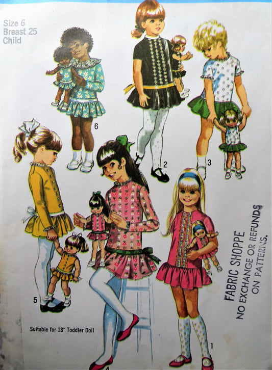 1960s Vintage CHARMING Girls Drop Waist Dress and Matching Doll Clothes SIMPLICITY 9131 Size 7 Vintage Sewing Pattern UNCUT