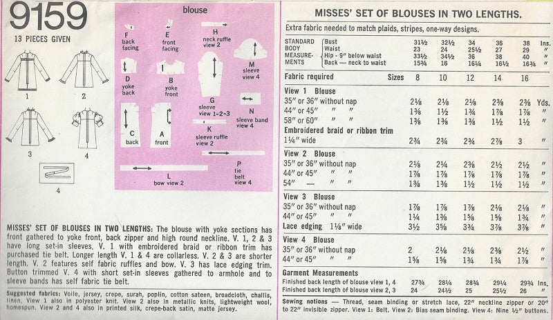 1970s Romantic Blouses Pattern SIMPLICITY 9159 Four Styles Bust 31 Vintage Sewing Pattern FACTORY FOLDED