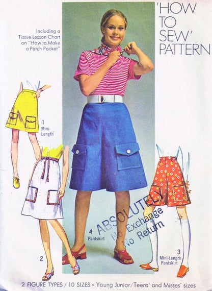 1970s EASY How To Sew Skirt and Culottes Gaucho Pants Simplicity 9180 Four Versions, Waist 23 Vintage Sewing Pattern FF