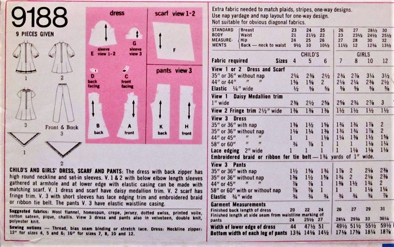 1970s CUTE Little Girls Dress,Pants and Scarf Pattern SIMPLICITY 9188 Size 4 Vintage Childrens Sewing Pattern UNCUT
