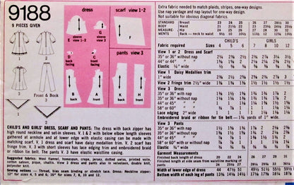 1970s CUTE Little Girls Dress,Pants and Scarf Pattern SIMPLICITY 9188 Size 4 Vintage Childrens Sewing Pattern UNCUT