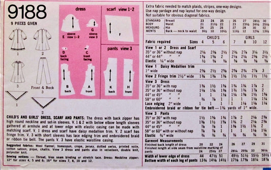 1970s CUTE Little Girls Dress,Pants and Scarf Pattern SIMPLICITY 9188 Size 10 Vintage Childrens Sewing Pattern UNCUT