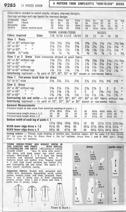 RETRO 70s Dress and Pants Pattern SIMPLICITY 9285 HOW TO SEW Mini or Below Knee Bust 40 Vintage Sewing Pattern UNCUT