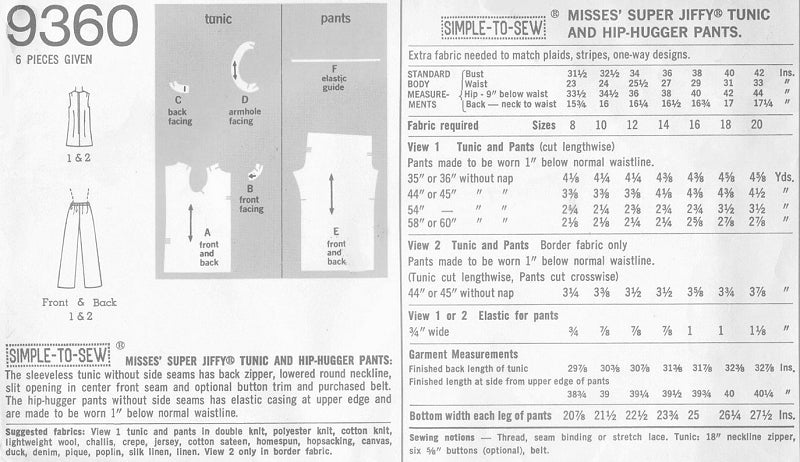 70s Boho Sleeveless Tunic and Hip Hugger Pants Pattern Simplicity 9360 Vintage Sewing Pattern UNCUT Bust  34 or 36