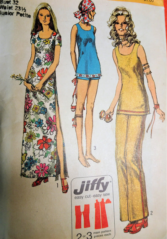 1970s FAB Maxi Dress, Tunic Top, Pants or Shorts Pattern SIMPLICITY 9362 Bust 32 Easy To Sew Jiffy Vintage Sewing Pattern FACTORY FOLDED