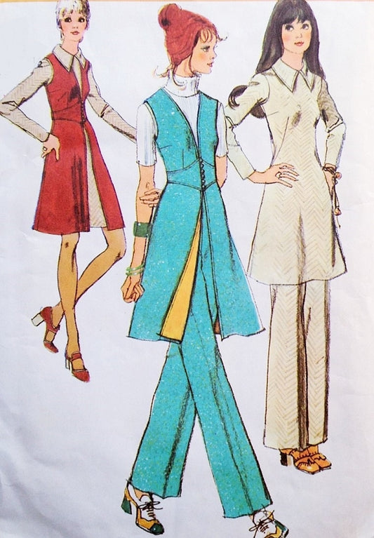 1970s Midriff Vest Tunic or Mini Dress and Pants Pattern SIMPLICITY 9505 Size 10 ,12 or 14 Vintage Sewing Pattern FACTORY FOLDED