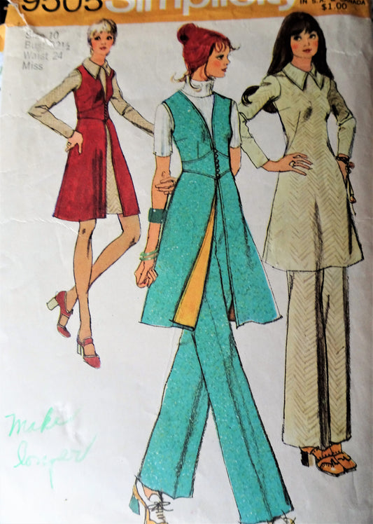 1970s RETRO Lined Vest, Mini-Dress and Pants Pattern SIMPLICITY 9505 Lovely Corset Like Waist Vest Bust 32 Vintage Sewing Pattern