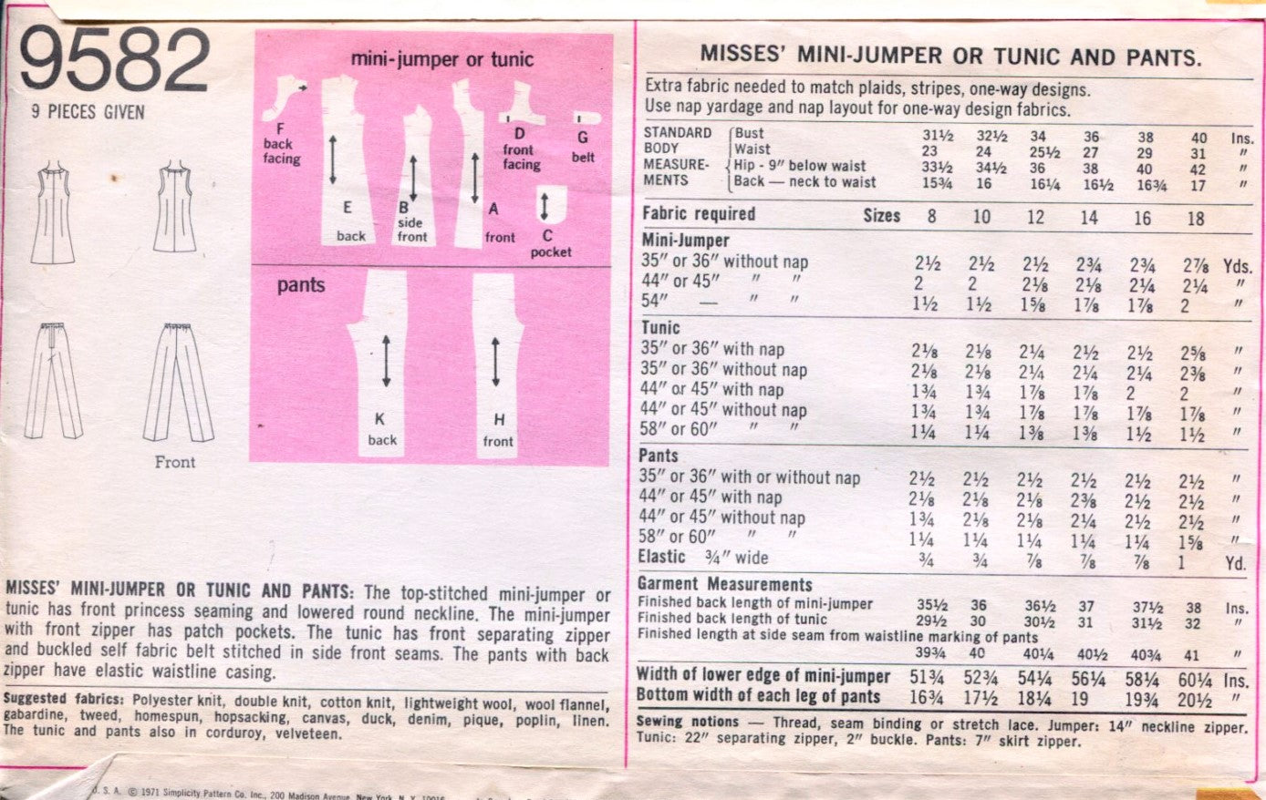 RETRO 1970s  Mini Jumper Dress, Tunic and Pants Pattern SIMPLICITY 9582 Wonderful Styles Bust 38 Vintage Sewing Pattern FF