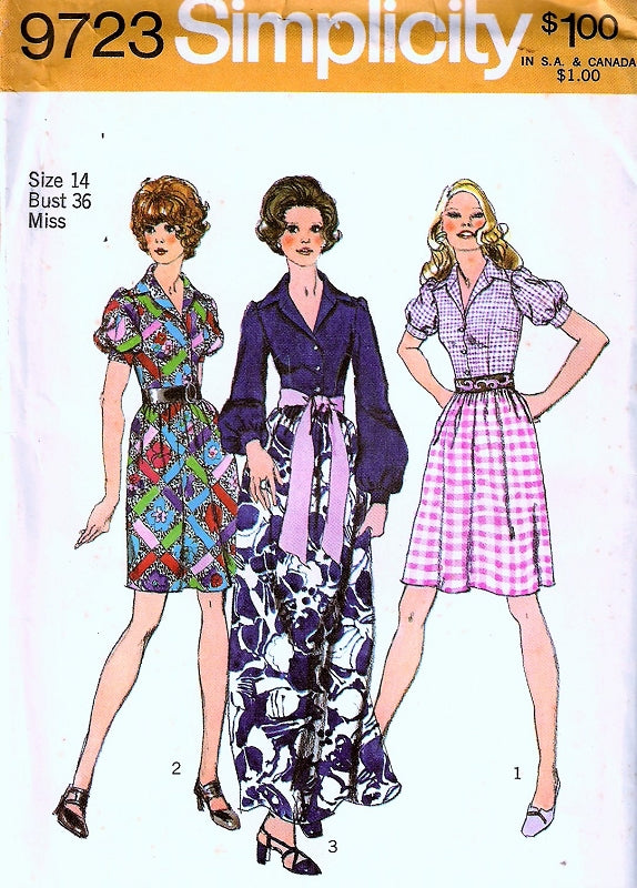 1970s Dress Pattern SIMPLICITY 9723 Puff Sleeve Step In Dirndle Skirt Shirtdress Mini or Maxi Bust 36 Vintage Sewing Pattern UNCUT