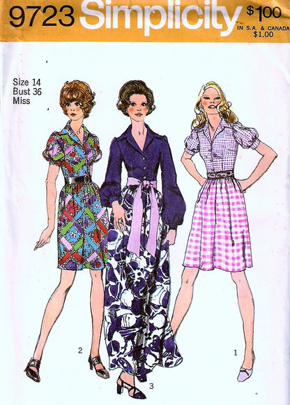 1970s Dress Pattern SIMPLICITY 9723 Puff Sleeve Step In Dirndle Skirt Shirtdress Mini or Maxi Bust 36 Vintage Sewing Pattern UNCUT