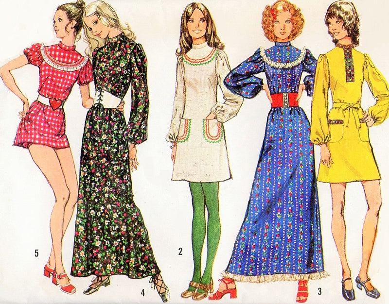 1970s Cute Dress in 3 Lengths Pattern SIMPLICITY 9763 Micro Mini and Bloomers to Maxi Granny Gown 5 Versions Bust 38 Vintage Sewing Pattern FACTORY FOLDED