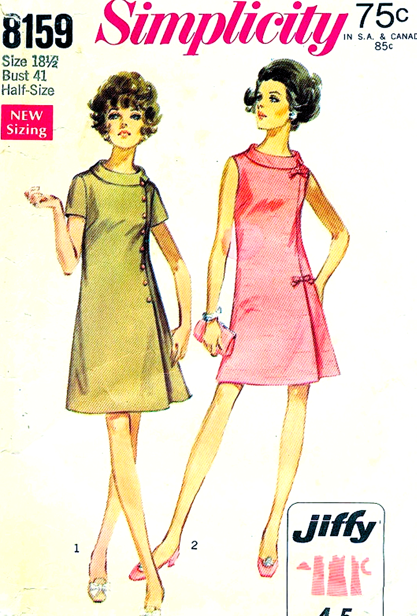 1960s STYLISH Dress Pattern SIMPLICITY 8159 Bias Roll Collar and Side Pleat Bust 41 Vintage Sewing Pattern