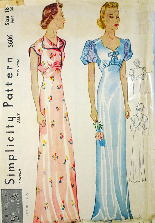 1930s GLAMOROUS Nightgown Pattern SIMPLICITY S606 Two Beautiful Designs, Lovely as Evening Gowns, Bust 36 Vintage Sewing Pattern