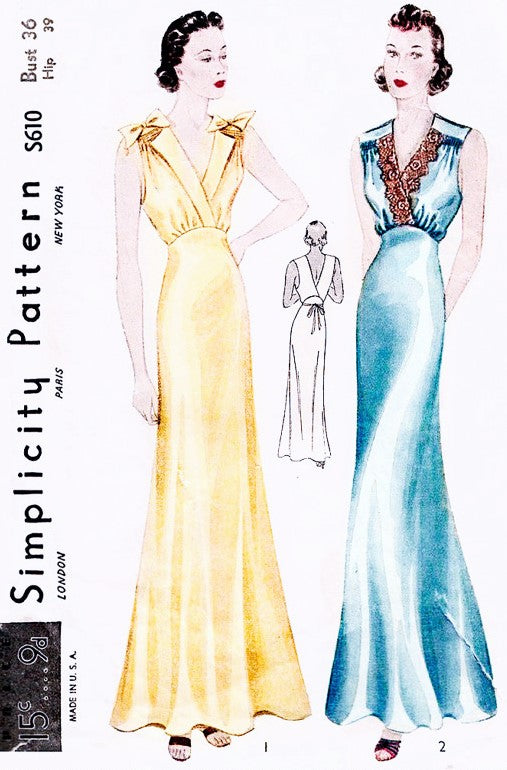 1930s SLINKY Bias Cut Nightgown Lingerie Pattern SIMPLICITY S610 Two Beautiful Glamorous Styles Bust 36 Vintage Thirties Sewing Pattern