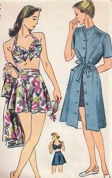 1940s PIN UP Style Bathing Suit and Beach Dress Play Suit Pattern SIMPLICITY 1022 WW II Bra Top Flared Skirt Swimsuit Front Button Cover Up Dress Bust 30 Vintage Sewing Pattern