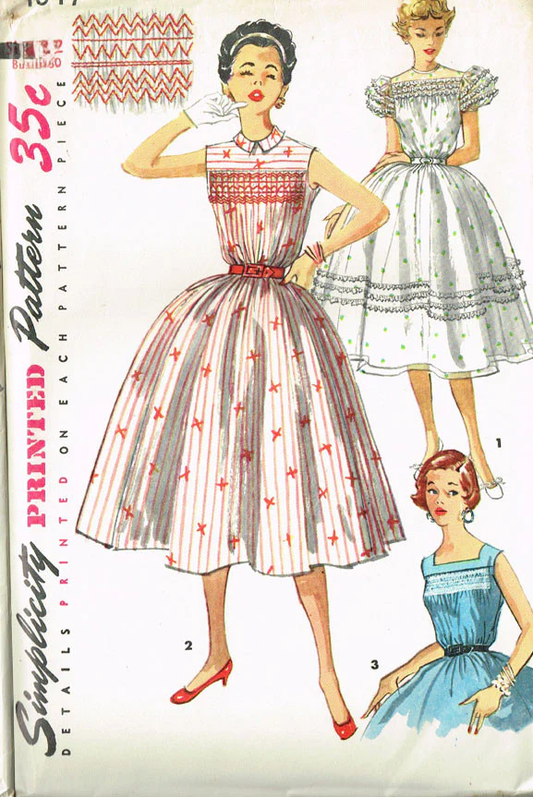 1950s PRETTY Smocked Dress Pattern SIMPLICITY 1047 Two Versions, Includes Smocking Pattern, Bust 36 Vintage Sewing Pattern FF