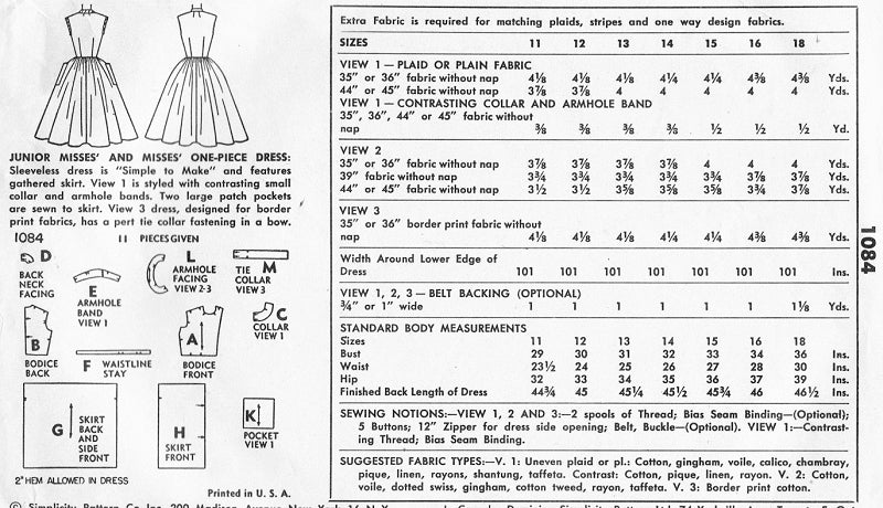 1950s Pretty Dress Pattern SIMPLICITY 1084 Three Style Versions Easy To Sew Bust 34 or 36 Vintage Sewing Pattern