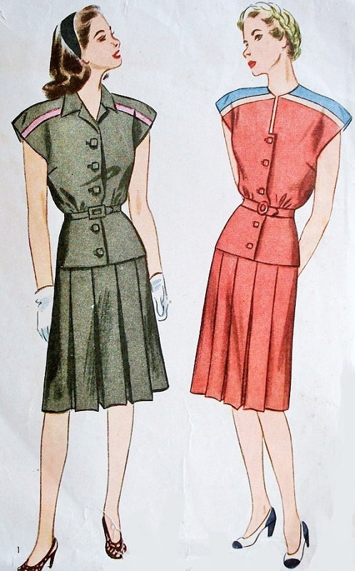 1940s Two Pc Dress Pattern Simplicity 1344 Two Neckline Styles Pleated Skirt Bust 34 Vintage Sewing Pattern
