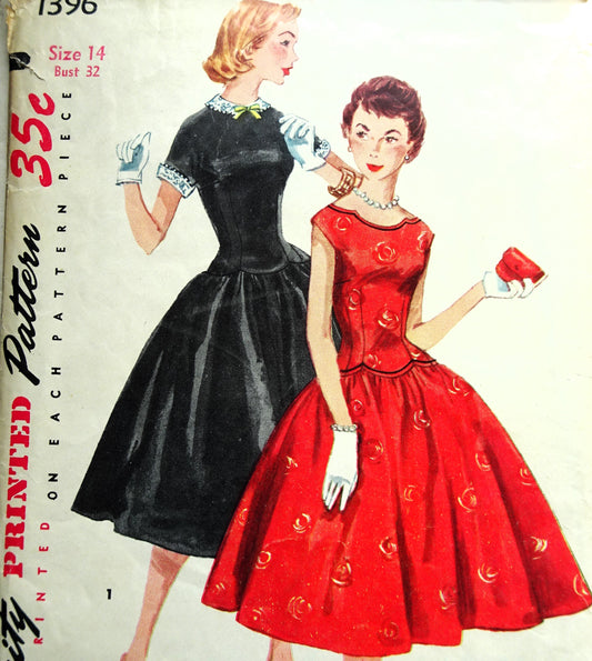 1950s BEAUTIFUL Party Dress Pattern SIMPLICITY 1396 Two Versions, Detachable Collar and Cuffs, Bust 32 Vintage Sewing Pattern
