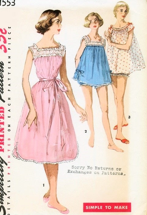 CUTE 1950s Lingerie Pattern SIMPLICITY 1553 Simple To Make Nightgown, Shortie Nightie, Baby Doll Nightie Bedtime Fashions, Bust 33 Vintage Sewing Pattern