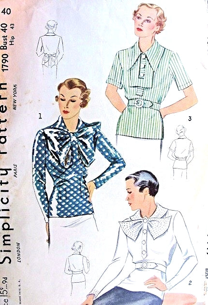 1930s Art Deco OverBlouse Pattern 3 Stunning Blouse Styles Day or Evening Simplicity 1790 Vintage Sewing Pattern Bust 40 FACTORY FOLDED