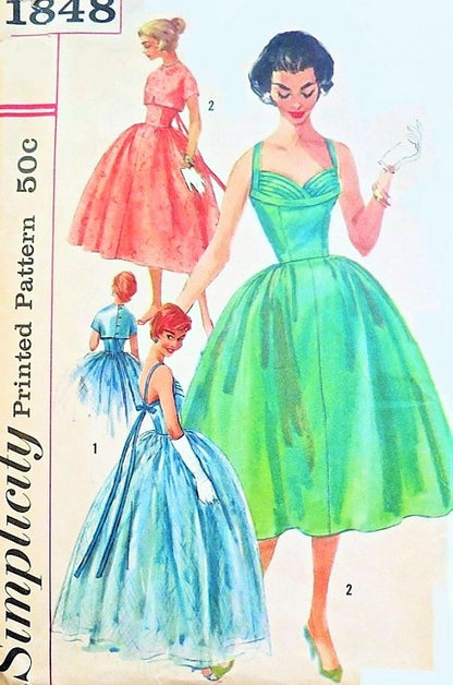 1950s Stunning Evening Gown or Cocktail Dress and Jacket Pattern Liz Taylor Style Figure Flattering Pleated Shaped Shelf Bust Low Back Full Dreamy Skirt Simplicity 1848 Vintage Sewing Pattern Bust 33