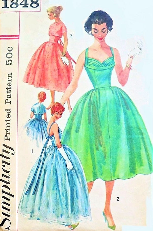 1950s Stunning Evening Gown or Cocktail Dress and Jacket Pattern Liz Taylor Style Figure Flattering Pleated Shaped Shelf Bust Low Back Full Dreamy Skirt Simplicity 1848 Vintage Sewing Pattern Bust 33